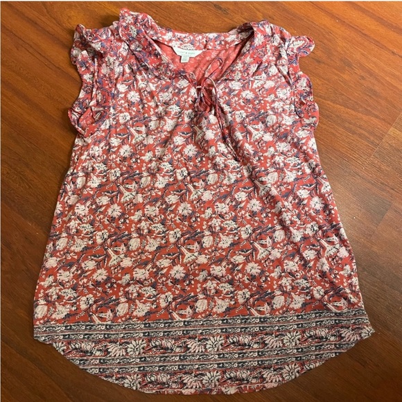 Lucky Brand Orange floral top tie front Sleeveless Ruffles cotton Size Small - Picture 11 of 11